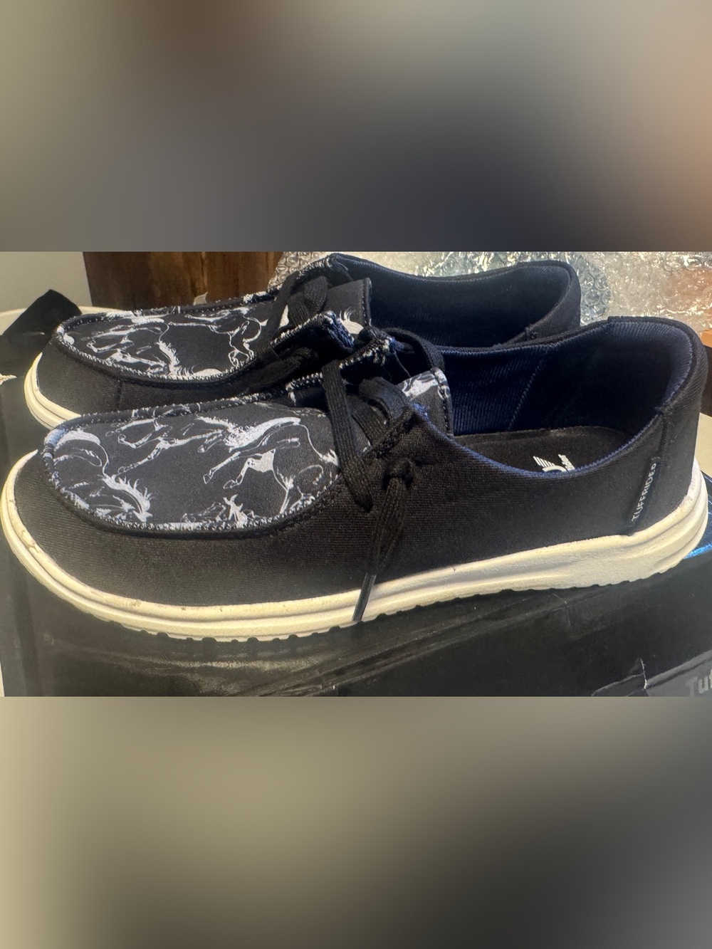 Tuffrider Black Canvas Lace-Up Shoes with White Horse Print